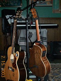 two guitars in stand